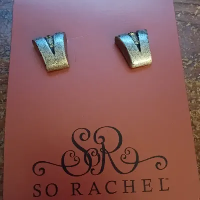 Sale Photo Thumbnail #10: Pair of So Rachel by Longaberger V-shaped pewter-tone stud earrings, presented on their original display card.