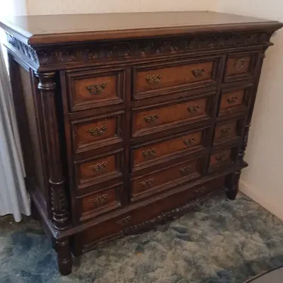 Ornate 12-Drawer Wood Dresser with Velvet-Lined Drawers