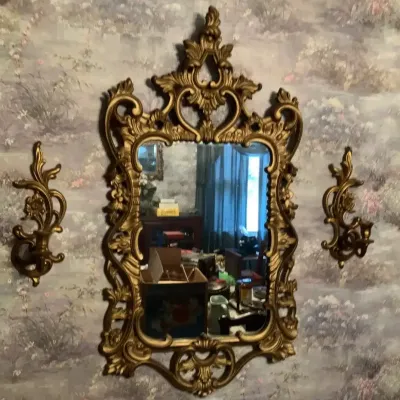 Ornate Gold-Tone Wall Mirror with Pair of Matching Sconces