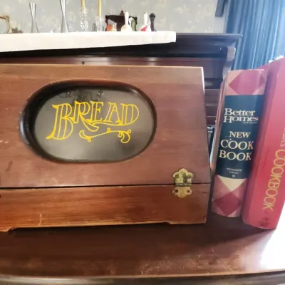 Vintage Wood Bread Box with Betty Crocker Cookbooks