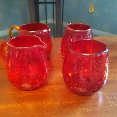 Set of 4 Blenko Red Crackle Glass Handled Tumblers
