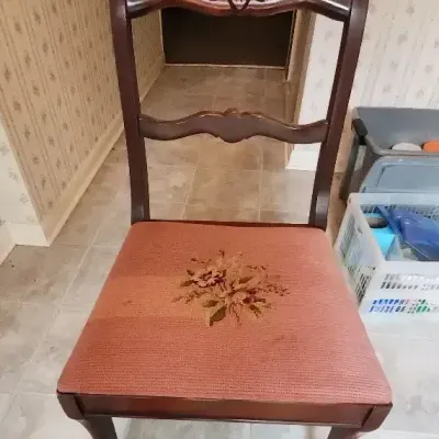 Carved Wood Accent Chair with Pink Floral Needlepoint Seat (Style #2)