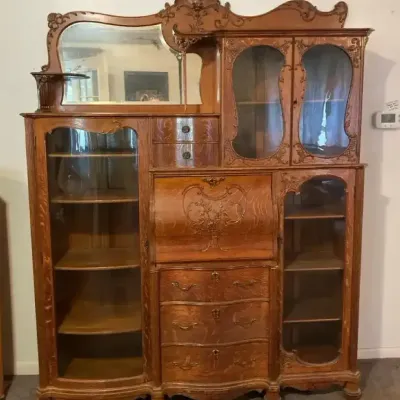Antique Oak Side-by-Side Secretary Desk & Curio Cabinet