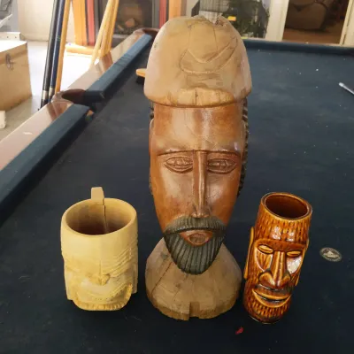 Trio of Tiki-Style Pieces – Carved Wood Bust, Figural Cup & Ceramic Tiki Mug
