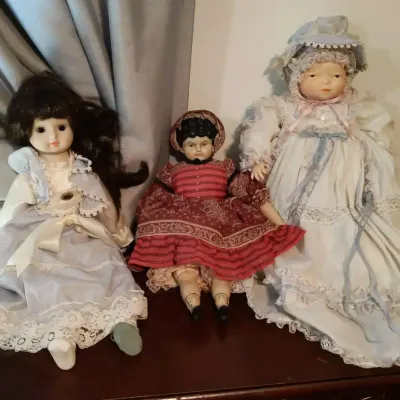 Trio of Vintage-Style Porcelain Dolls in Victorian Dresses