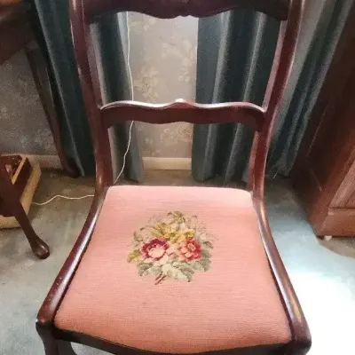Carved Wood Accent Chair with Pink Floral Needlepoint Seat (Style #1)