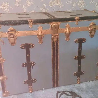 Vintage Steamer Trunk with Metal Hardware & Wood Interior