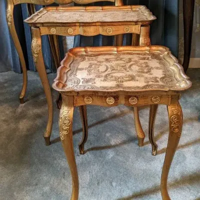 Vintage Italy Nesting Tables – Set of 3 with Ornate Florentine-Style Tops