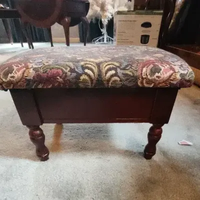 Upholstered Storage Stool with Hinged Lid & Wood Base