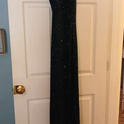Scala Black Evening Gown with Teal Beading & Sequins. Size large.