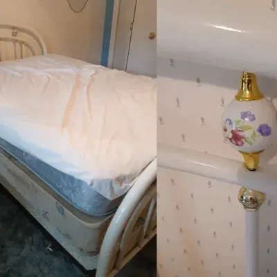 Full Size White Metal Bed with Porcelain Floral Accents