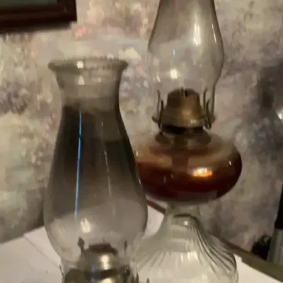 Pair of Vintage Glass Oil Lamps – Amber & Clear Glass