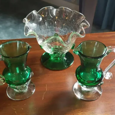 Vintage Green & Clear Crackle Glass Pitchers and Compote Bowl – Set of 3