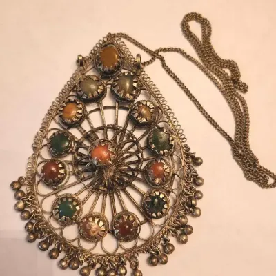 Vintage Ornate Multicolor Stone Costume Pendant with 26" Chain