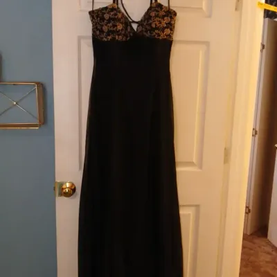 Tiffany Designs 100% Silk Black Evening Gown with Gold Beading. Size 16