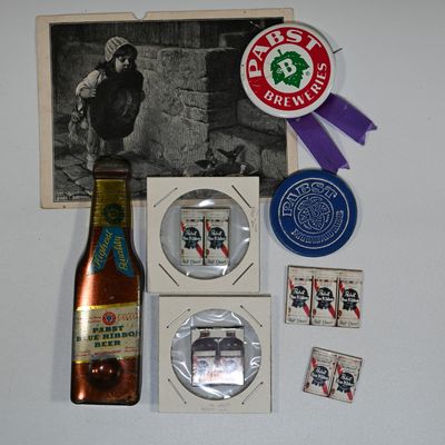 Sale Photo Thumbnail #112: Pabst Blue Ribbon Beer Bottle Opener, Malt Extract Trade Card, Poker Chip, and Magnets