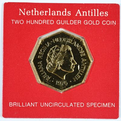Sale Photo Thumbnail #9: Netherlands Antilles Gold Uncirculated 1976 200 Guilden Gold Coin 0.23 Troy oz AGW