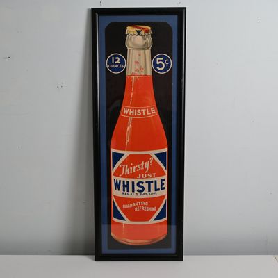 Sale Photo Thumbnail #137: Whistle Soda 1939 Cardboard Bottle Sign Framed Advertisement