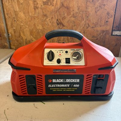 Sale Photo Thumbnail #63: Black & Decker Electromate 400 rechargeable portable power station, features jump-starter and air compressor functions with built-in pressure gauge and outlets.