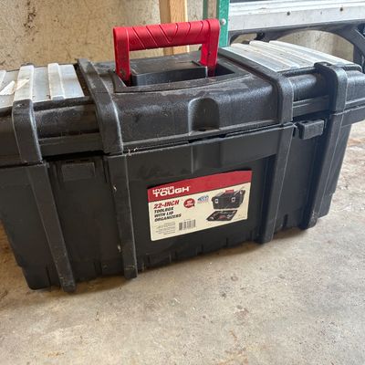 Sale Photo Thumbnail #11: Hyper Tough 22-inch black plastic toolbox featuring a red carrying handle and built-in lid organizers.