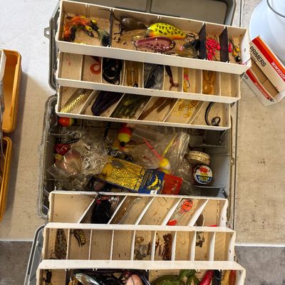 Sale Photo Thumbnail #62: Vintage double-sided fold-out tackle box filled with various lures, jigs, bobbers, and fishing accessories.