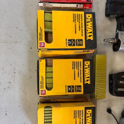 Sale Photo Thumbnail #21: Selection of 18-gauge narrow crown staples and brad nails, featuring boxes from DeWalt and Porter-Cable.