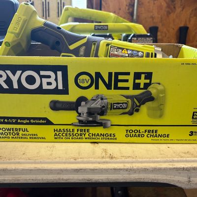 Sale Photo Thumbnail #40: Ryobi ONE+ 18V 4-1/2 inch cordless angle grinder (model PCL445B) in its original retail box.