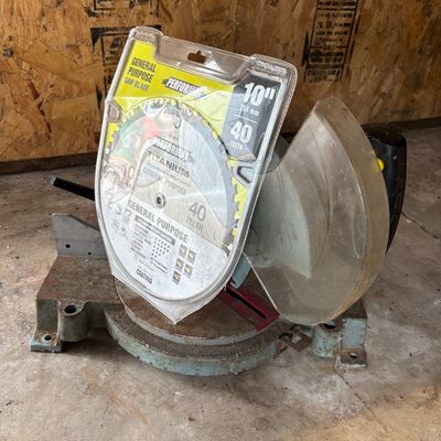 Sale Photo Thumbnail #26: Vintage miter saw with a new, packaged Performax 10-inch, 40-tooth general purpose titanium saw blade.
