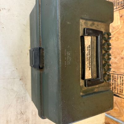 Sale Photo Thumbnail #49: Vintage MTM Case-Gard SF-100 green plastic 100-round shotshell box with carrying handle and shell holders.