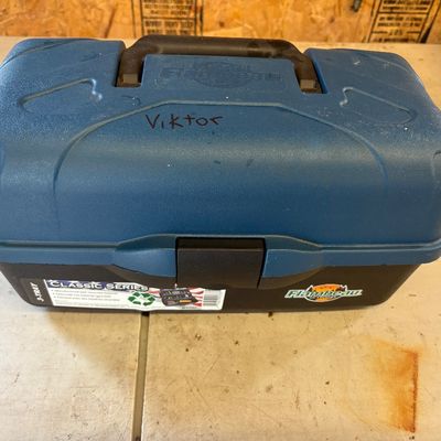 Sale Photo Thumbnail #45: Flambeau Classic Series 3-tray blue and black plastic tackle box with a top handle and front latch.