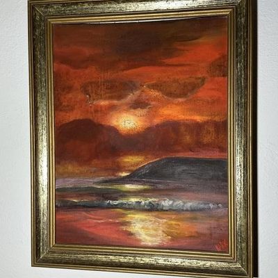 Sale Photo Thumbnail #80: Vintage Sunset Seascape Oil Painting