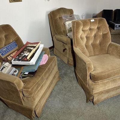 Sale Photo Thumbnail #79: 3pc Gold Velvet Chair & Recliner Set