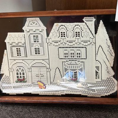 Sale Photo Thumbnail #36: Framed Filet Crochet Lace Victorian Art.  Approx