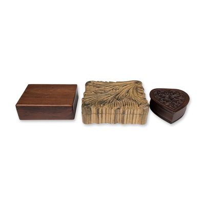 3pc Wooden Carved Jewelry and Keepsake Boxes