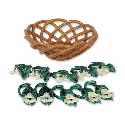 11pc Judith Eloise Hooper for Two's Company Napkin Rings and Casafina Ceramic Basket
