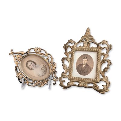 Sale Photo Thumbnail #104: 2pc Ornate Gilt Metal Miniature Hand-Colored Albumen Print Portraits