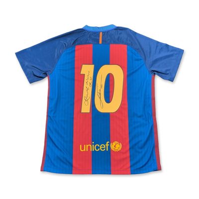 Sale Photo Thumbnail #219: Ronaldinho and Messi Signed FC Barcelona 2016-17 Nike Home Jersey with COA