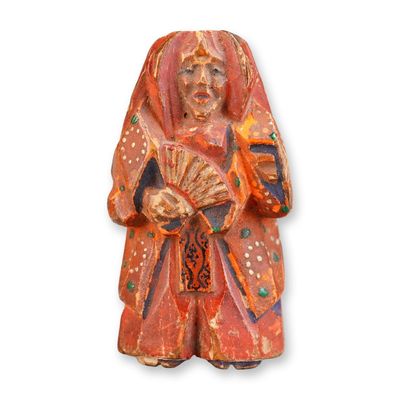 Sale Photo Thumbnail #376: Wood Netsuke Red Lacquer Noh Dancer with Fan Signed