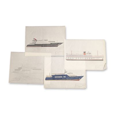 Sale Photo Thumbnail #595: 4pc Maritime Vessel Design Color Drawings on Drafting Paper by P.L. Merc