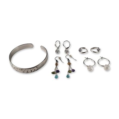 Sale Photo Thumbnail #632: 5pc Silver-Tone and Multi-Stone Bracelet and Earrings