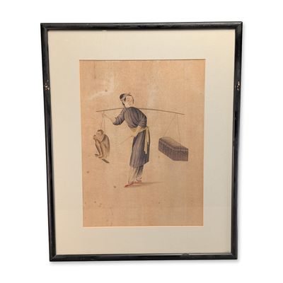 Sale Photo Thumbnail #142: Chinese Export Watercolor Street Performer with Monkey