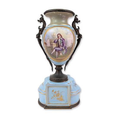 Sale Photo Thumbnail #545: French Sevres Style Blue Porcelain Mantle Urn with Gilt Decoration