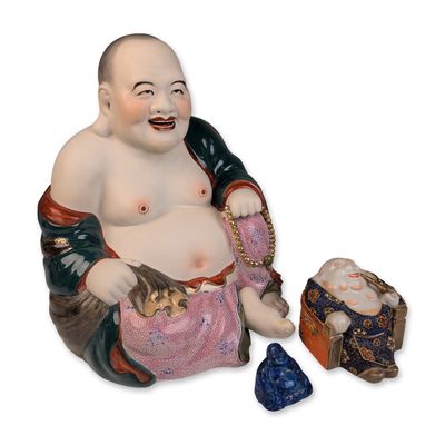 Sale Photo Thumbnail #148: 3pc Chinese Porcelain Laughing Buddha Sculpture, Carved Blue Stone Mini Budai and Lidded Box