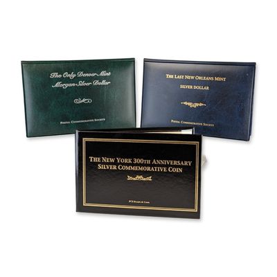 Sale Photo Thumbnail #695: 3pc 1904 O, 1921 D US Silver Morgan Dollars and Commemorative Half Dollar Folio