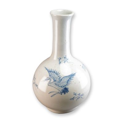 Sale Photo Thumbnail #614: Blue and white Porcelain Korean Bottle Vase with Crane Motif