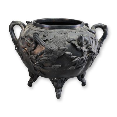 Sale Photo Thumbnail #381: Japanese Bronze Lobed Jardiniere Bird and Flowers