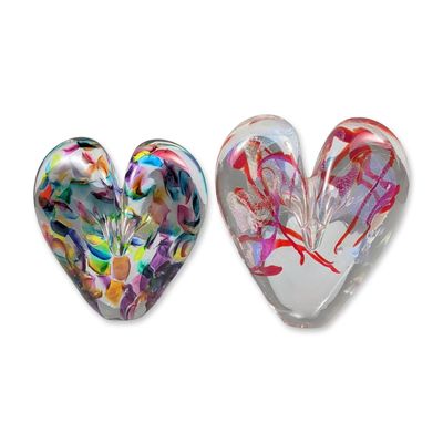 Sale Photo Thumbnail #525: 2pc Donna Gordon Hand Blown Glass Heart Paperweights