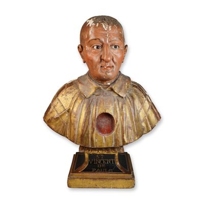 Sale Photo Thumbnail #127: 2pc St. Vincent De Paulo Gilt and Lacquer Reliquary Bust and Stand