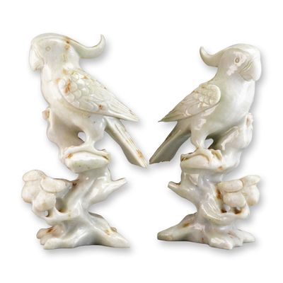 2pc Hardstone Parrots on Rocks Figurines