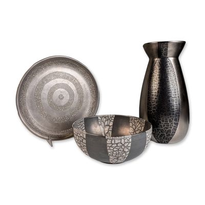 Sale Photo Thumbnail #291: 3pc Michael Wainwright Pottery Metallic and Crackle Glaze Vase, Bowl & Platter